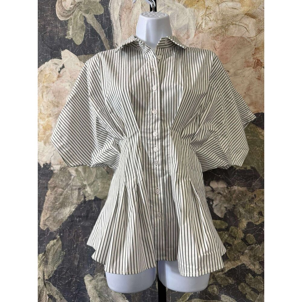 Anthropologie White and Black Pinstripe Button-Front Blouse - Picture 7 of 9